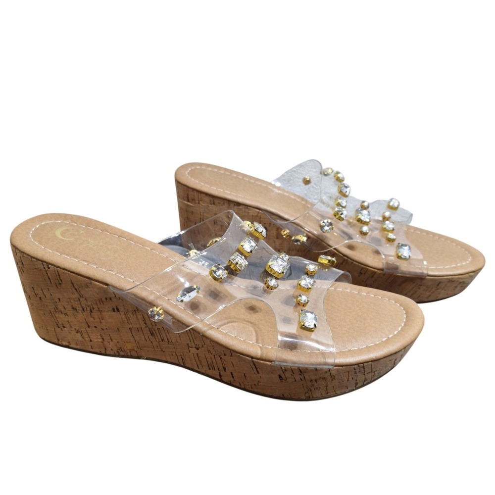 Comfort Women's Size 9M Tan Clear PVC‎ Straps Rhinestones Cork Wedge Sandals